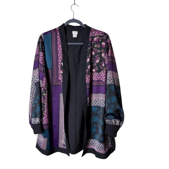 Chicos Womens Patchwork Kimono Cardigan Duster Size Large Purple Bohemian Floral - Picture 3 of 7